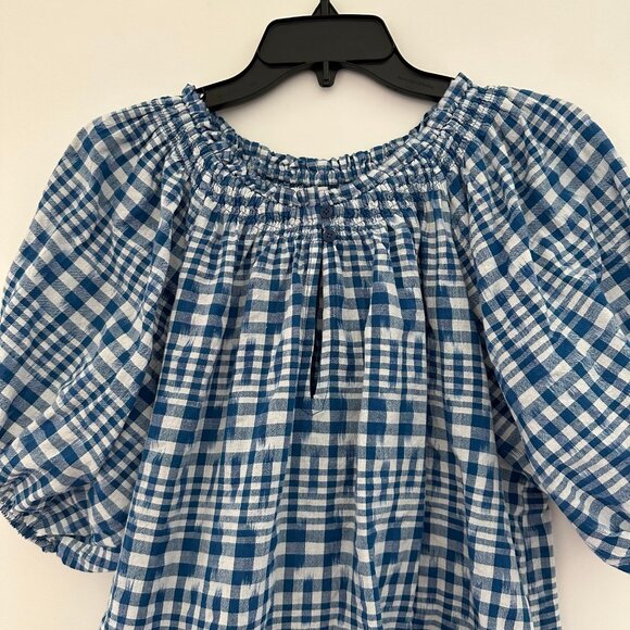 Apiece Apart Blue Plaid Gingham Puff Sleeve Top Size Large Ikat Blouse Cottage - Picture 5 of 11